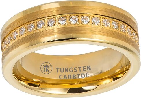Tungsten King High Polished Yellow Gold Ion-plated Pipe-cut Brushed Center with Prong-set Round CZs Eternity Band Comfort Fit Tungsten Carbide 8mm Mens Wedding - Anniversary Band in Saudi Arabia