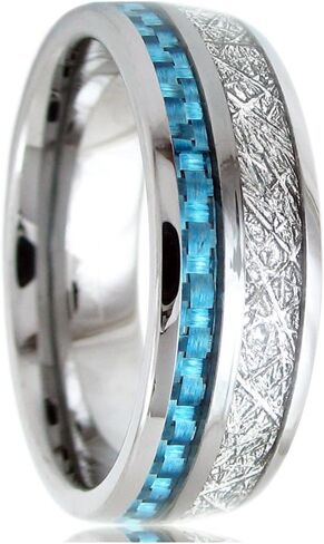King's Cross Dazzling 6mm/8mm Silver Tungsten Carbide Wedding Band w/Faux Meteorite & Sky Blue Carbon Fiber Inlays in Kuwait