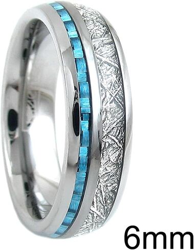 King's Cross Dazzling 6mm/8mm Silver Tungsten Carbide Wedding Band w/Faux Meteorite & Sky Blue Carbon Fiber Inlays in Kuwait