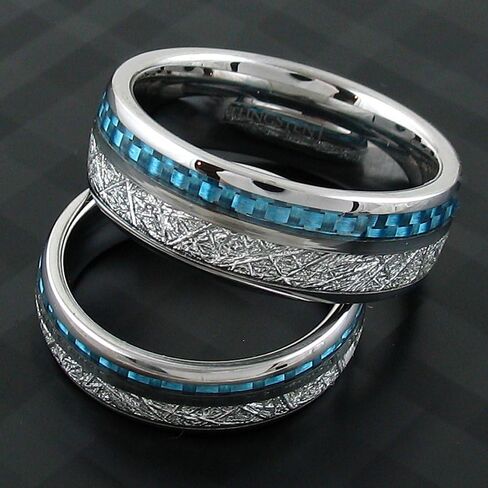 King's Cross Dazzling 6mm/8mm Silver Tungsten Carbide Wedding Band w/Faux Meteorite & Sky Blue Carbon Fiber Inlays in Kuwait