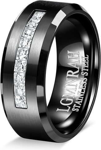 8mm Men Wedding Ring Silver Black Gold, Matching Couple Promise Engagement Ring with 9 Zircons, Brushed High Polished Scratch Resistant Comfort Fit Beveled Anniversary Band in Kuwait