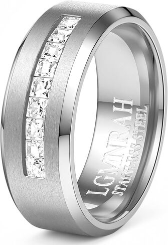8mm Men Wedding Ring Silver Black Gold, Matching Couple Promise Engagement Ring with 9 Zircons, Brushed High Polished Scratch Resistant Comfort Fit Beveled Anniversary Band in Saudi Arabia
