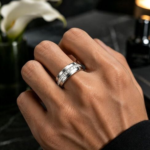 8mm Men Wedding Ring Silver Black Gold, Matching Couple Promise Engagement Ring with 9 Zircons, Brushed High Polished Scratch Resistant Comfort Fit Beveled Anniversary Band in Saudi Arabia