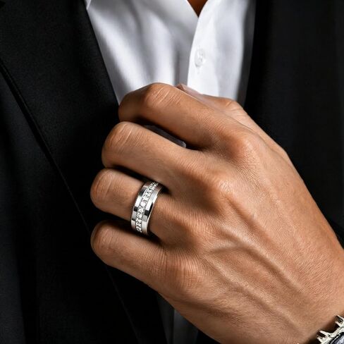 8mm Men Wedding Ring Silver Black Gold, Matching Couple Promise Engagement Ring with 9 Zircons, Brushed High Polished Scratch Resistant Comfort Fit Beveled Anniversary Band in Saudi Arabia