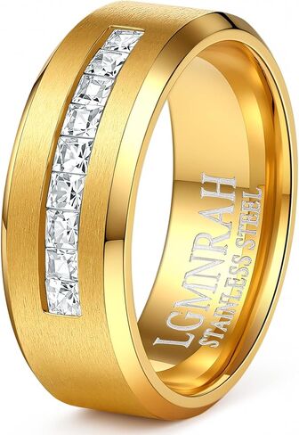 8mm Men Wedding Ring Silver Black Gold, Matching Couple Promise Engagement Ring with 9 Zircons, Brushed High Polished Scratch Resistant Comfort Fit Beveled Anniversary Band in Saudi Arabia