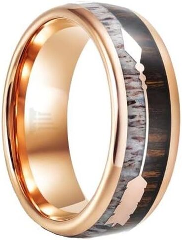 Rose Gold Ring Mens Wedding Band Arrow Deer Antler and Koa Wood Ring for Him Rustic Wood and Tungsten Rings for Men with Antler Inlay in Kuwait