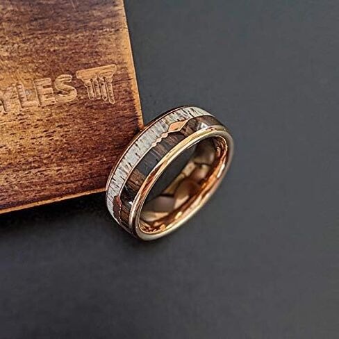 Rose Gold Ring Mens Wedding Band Arrow Deer Antler and Koa Wood Ring for Him Rustic Wood and Tungsten Rings for Men with Antler Inlay in Kuwait