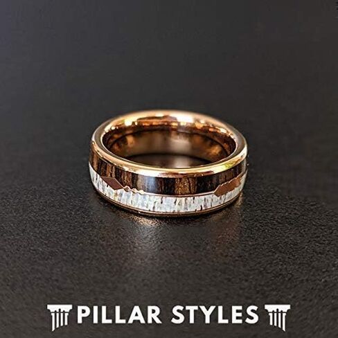Rose Gold Ring Mens Wedding Band Arrow Deer Antler and Koa Wood Ring for Him Rustic Wood and Tungsten Rings for Men with Antler Inlay in Kuwait
