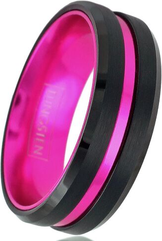 Engraved Personalized 6mm/8mm Brushed Satin Finish Black Tungsten Carbide Band Ring with Hot Pink Stripe & Hot Pink Anodized Aluminum Comfort Fit Inner Band. in Kuwait