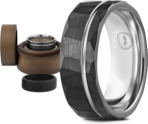 Men's Tungsten Carbide Wedding Band - Premium Grade Hammered Brushed Wedding Ring for Men (Black with Polished White Gold Strip) - With Silicon Band, Leather Pouch, & Luxury Walnut Ring Box in Kuwait