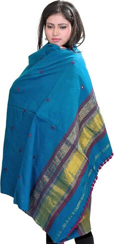 Exotic India Shawl from Kutch with Embroidered Bootis and Golden Woven Border - Wool in Kuwait