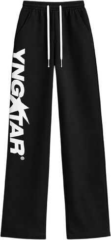 YNGSTAR بنطال واسع الساق باللون الكريمي، بنطال French Terry Streetwear مع رباط خصر مرن، مقاس مريح in Kuwait