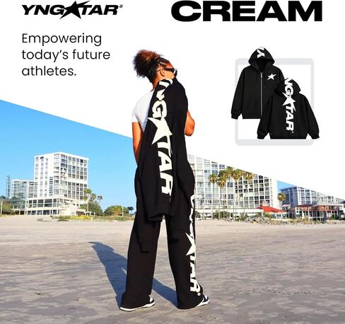 YNGSTAR بنطال واسع الساق باللون الكريمي، بنطال French Terry Streetwear مع رباط خصر مرن، مقاس مريح in Kuwait