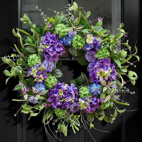 24 Inch Spring Wreath for Front Door, Artificial Hydrangea and Thistle Flowers, Spring and Summer Door Wreath with Lush Greenery, Summer Wreath for Indoor Outdoor Decor in Saudi Arabia