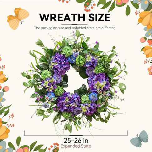 24 Inch Spring Wreath for Front Door, Artificial Hydrangea and Thistle Flowers, Spring and Summer Door Wreath with Lush Greenery, Summer Wreath for Indoor Outdoor Decor in Saudi Arabia
