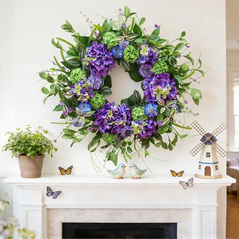 24 Inch Spring Wreath for Front Door, Artificial Hydrangea and Thistle Flowers, Spring and Summer Door Wreath with Lush Greenery, Summer Wreath for Indoor Outdoor Decor in Saudi Arabia