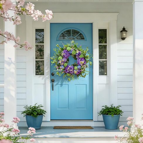 24 Inch Spring Wreath for Front Door, Artificial Hydrangea and Thistle Flowers, Spring and Summer Door Wreath with Lush Greenery, Summer Wreath for Indoor Outdoor Decor in Saudi Arabia
