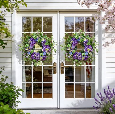 24 Inch Spring Wreath for Front Door, Artificial Hydrangea and Thistle Flowers, Spring and Summer Door Wreath with Lush Greenery, Summer Wreath for Indoor Outdoor Decor in Saudi Arabia