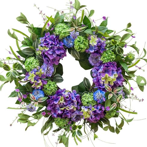 24 Inch Spring Wreath for Front Door, Artificial Hydrangea and Thistle Flowers, Spring and Summer Door Wreath with Lush Greenery, Summer Wreath for Indoor Outdoor Decor in Saudi Arabia