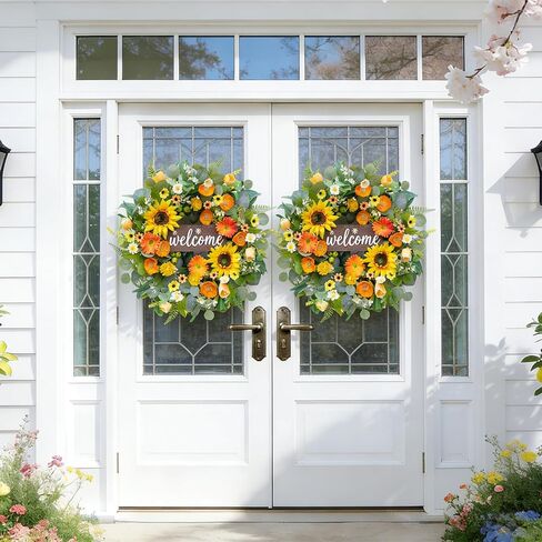 24" Spring Summer Wreaths for Front Door- Bright Yellow & Orange Spring Summer Wreath with Sunflowers, Daisy, Eucalyptus -Spring Door Wreath Outdoor/Indoor Hanging Decor for Porch, Home, Wall in Saudi Arabia