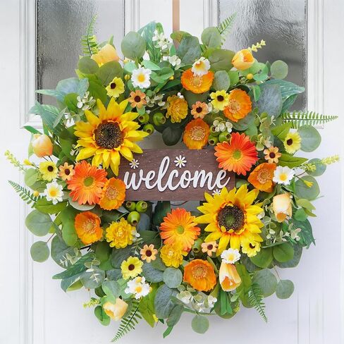 24" Spring Summer Wreaths for Front Door- Bright Yellow & Orange Spring Summer Wreath with Sunflowers, Daisy, Eucalyptus -Spring Door Wreath Outdoor/Indoor Hanging Decor for Porch, Home, Wall in Saudi Arabia