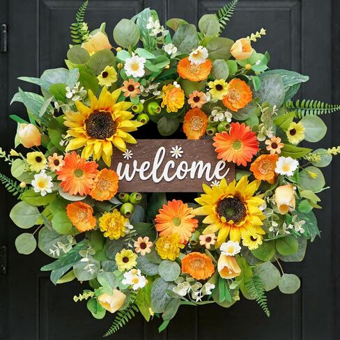 24" Spring Summer Wreaths for Front Door- Bright Yellow & Orange Spring Summer Wreath with Sunflowers, Daisy, Eucalyptus -Spring Door Wreath Outdoor/Indoor Hanging Decor for Porch, Home, Wall in Saudi Arabia