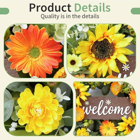 24" Spring Summer Wreaths for Front Door- Bright Yellow & Orange Spring Summer Wreath with Sunflowers, Daisy, Eucalyptus -Spring Door Wreath Outdoor/Indoor Hanging Decor for Porch, Home, Wall in Saudi Arabia