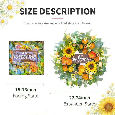 24" Spring Summer Wreaths for Front Door- Bright Yellow & Orange Spring Summer Wreath with Sunflowers, Daisy, Eucalyptus -Spring Door Wreath Outdoor/Indoor Hanging Decor for Porch, Home, Wall in Saudi Arabia