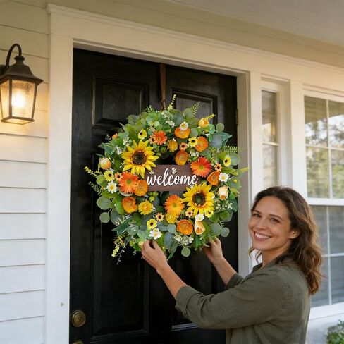24" Spring Summer Wreaths for Front Door- Bright Yellow & Orange Spring Summer Wreath with Sunflowers, Daisy, Eucalyptus -Spring Door Wreath Outdoor/Indoor Hanging Decor for Porch, Home, Wall in Saudi Arabia