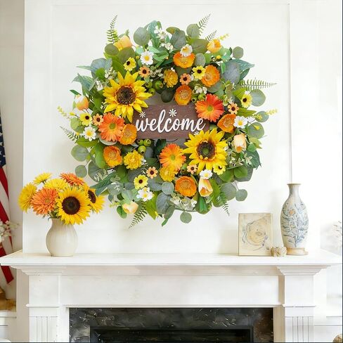 24" Spring Summer Wreaths for Front Door- Bright Yellow & Orange Spring Summer Wreath with Sunflowers, Daisy, Eucalyptus -Spring Door Wreath Outdoor/Indoor Hanging Decor for Porch, Home, Wall in Saudi Arabia