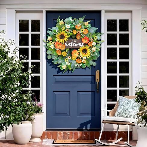 24" Spring Summer Wreaths for Front Door- Bright Yellow & Orange Spring Summer Wreath with Sunflowers, Daisy, Eucalyptus -Spring Door Wreath Outdoor/Indoor Hanging Decor for Porch, Home, Wall in Saudi Arabia