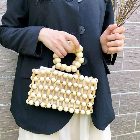 حقيبة مطرزة بالخرز الخشبي حقيبة يد منسوجة بمقبض دائري صناعة يدوية طبيعية صغيرة حقيبة يد نسائية صيفية للشاطئ والسفر in Kuwait