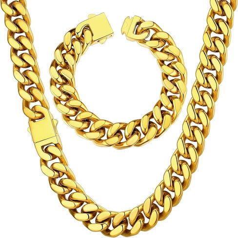 ChainsHouse 14mm 18" Cuban Chain Necklace Men Bracelet 19cm in Kuwait