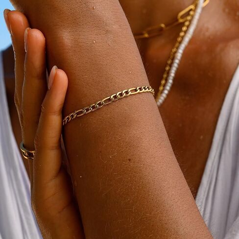 14K Gold Figaro Bracelets for Women & Men 4mm Dainty Diamond-Cut Chain Bracelets for Men Fashion Stackable Hand Chain Gift Waterproof Non-tarnish Jewelry Unisex Lifetime Quality in Saudi Arabia