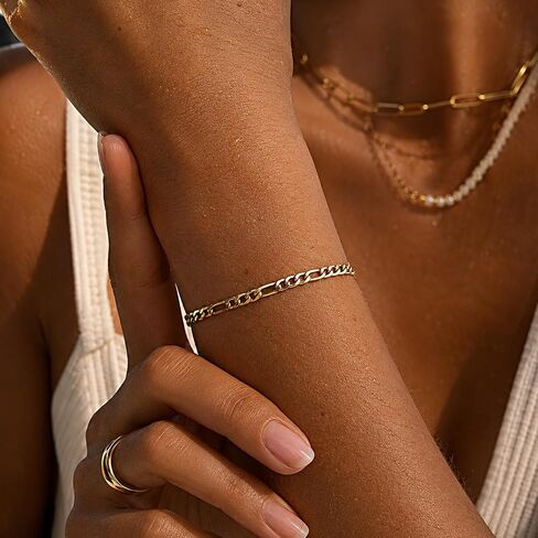 14K Gold Figaro Bracelets for Women & Men 4mm Dainty Diamond-Cut Chain Bracelets for Men Fashion Stackable Hand Chain Gift Waterproof Non-tarnish Jewelry Unisex Lifetime Quality in Saudi Arabia