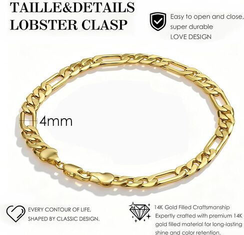 14K Gold Figaro Bracelets for Women & Men 4mm Dainty Diamond-Cut Chain Bracelets for Men Fashion Stackable Hand Chain Gift Waterproof Non-tarnish Jewelry Unisex Lifetime Quality in Saudi Arabia