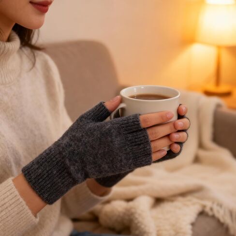 Cashmere Fingerless Gloves for Men and Women, Warm Wrist Warmers with Thumb Hole, Soft Half Fingerless Mittens for Winter, Grey Colors, Hand Wash Only in Kuwait