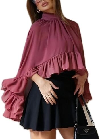المرأة الشيفون Capelets بقماش شفاف شال يلتف غير متناظرة كشكش هيم Flowy المعطف العلوي لفستان السهرة in Kuwait