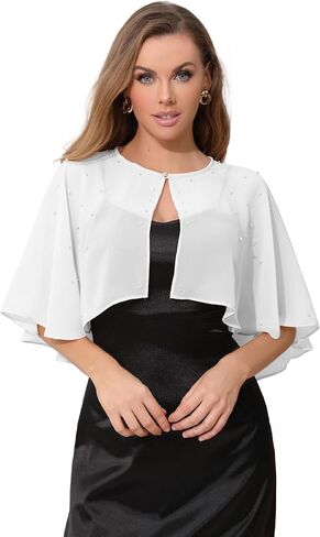 Women's Chiffon Shawl and Wraps, Elegant Pearl Embellished Capelet Open Front Tie Cape for Evening Wedding Dresses in Saudi Arabia