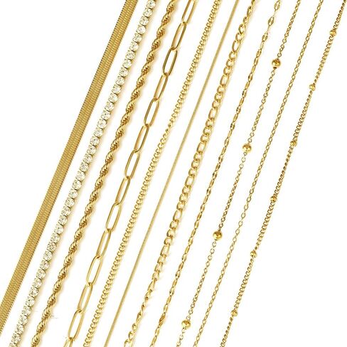 Women's 11PCS Gold Layered Necklace Set, Dainty Snake Paperclip Cuban Link Chain Stackable Jewelry, Non Tarnish in Saudi Arabia