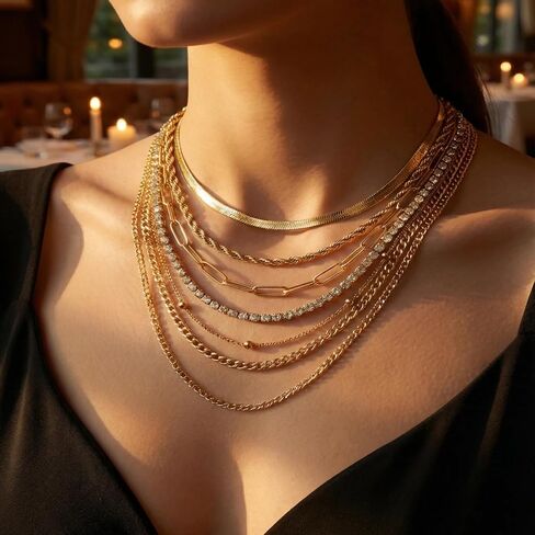 Women's 11PCS Gold Layered Necklace Set, Dainty Snake Paperclip Cuban Link Chain Stackable Jewelry, Non Tarnish in Saudi Arabia