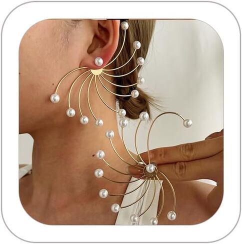 Elegant Fan Pearl Beaded Ear Cuff for Women Statement Vintage Layered Pearl Earrings Curved Wrap Earrings Gifts in Kuwait