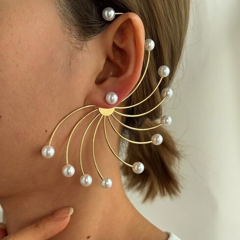 Elegant Fan Pearl Beaded Ear Cuff for Women Statement Vintage Layered Pearl Earrings Curved Wrap Earrings Gifts in Kuwait