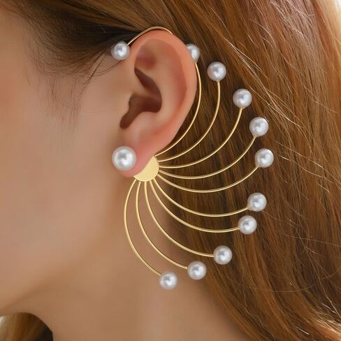 Elegant Fan Pearl Beaded Ear Cuff for Women Statement Vintage Layered Pearl Earrings Curved Wrap Earrings Gifts in Kuwait