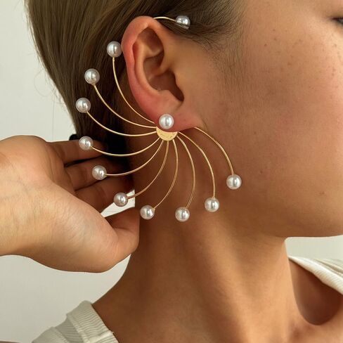 Elegant Fan Pearl Beaded Ear Cuff for Women Statement Vintage Layered Pearl Earrings Curved Wrap Earrings Gifts in Kuwait