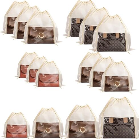 16 PCS Dust Bags for Handbags, 4 Size Dustproof Drawstring Bags with Clear Window, Breathable Nonwoven Cloth Purse Dust Bag, Purses Organizers Storage Bags for Handbags Purses Shoes, Beige in Saudi Arabia