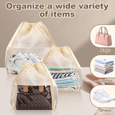 16 PCS Dust Bags for Handbags, 4 Size Dustproof Drawstring Bags with Clear Window, Breathable Nonwoven Cloth Purse Dust Bag, Purses Organizers Storage Bags for Handbags Purses Shoes, Beige in Saudi Arabia