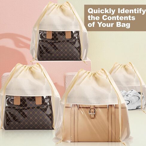 16 PCS Dust Bags for Handbags, 4 Size Dustproof Drawstring Bags with Clear Window, Breathable Nonwoven Cloth Purse Dust Bag, Purses Organizers Storage Bags for Handbags Purses Shoes, Beige in Saudi Arabia