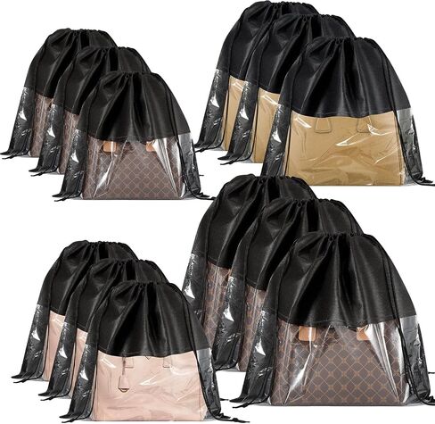 16 PCS Dust Bags for Handbags, 4 Size Dustproof Drawstring Bags with Clear Window, Breathable Nonwoven Cloth Purse Dust Bag, Purses Organizers Storage Bags for Handbags Purses Shoes, Beige in Saudi Arabia