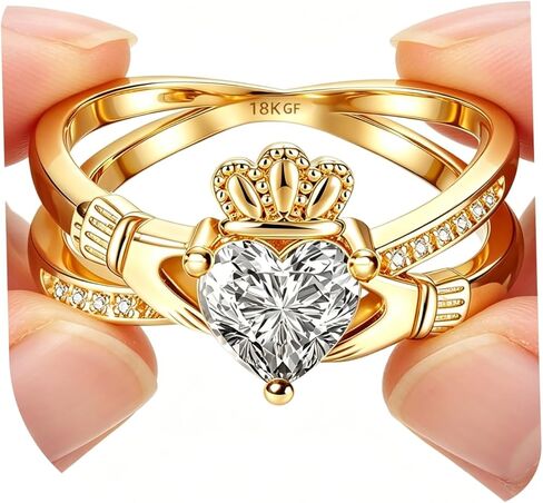 Gold Claddagh Ring for Women, 18K Gold Irish Ring For Women, Non Tarnish Ring For Women, Promise Ring with 6.5mm Heart Simulated Diamond, Engagement, Proposal Ring in Saudi Arabia